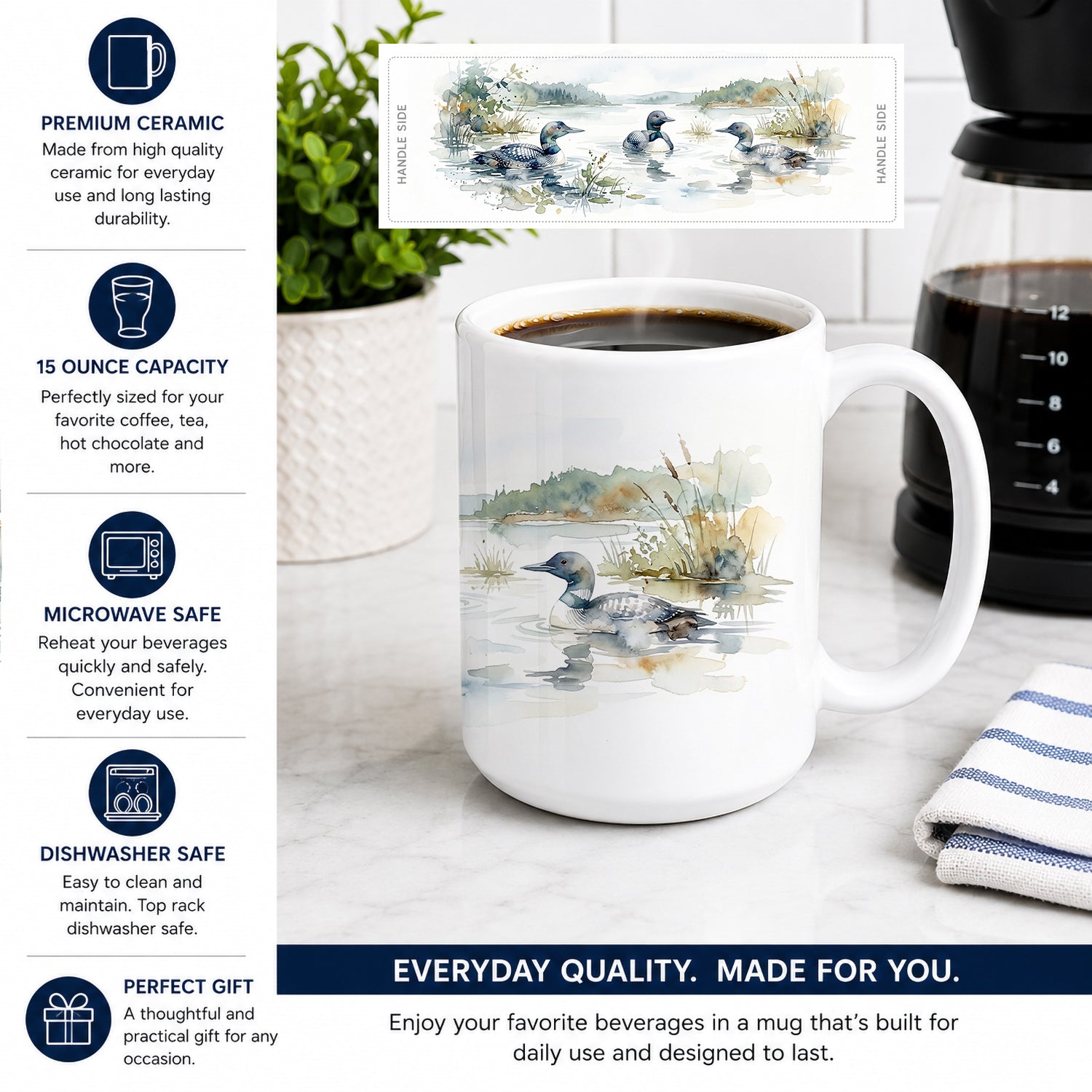 Morning Loons Ceramic Coffee Mug 15 oz Decorative Large C Handle Mug Cup for Tea, Cocoa Hot Chocolate