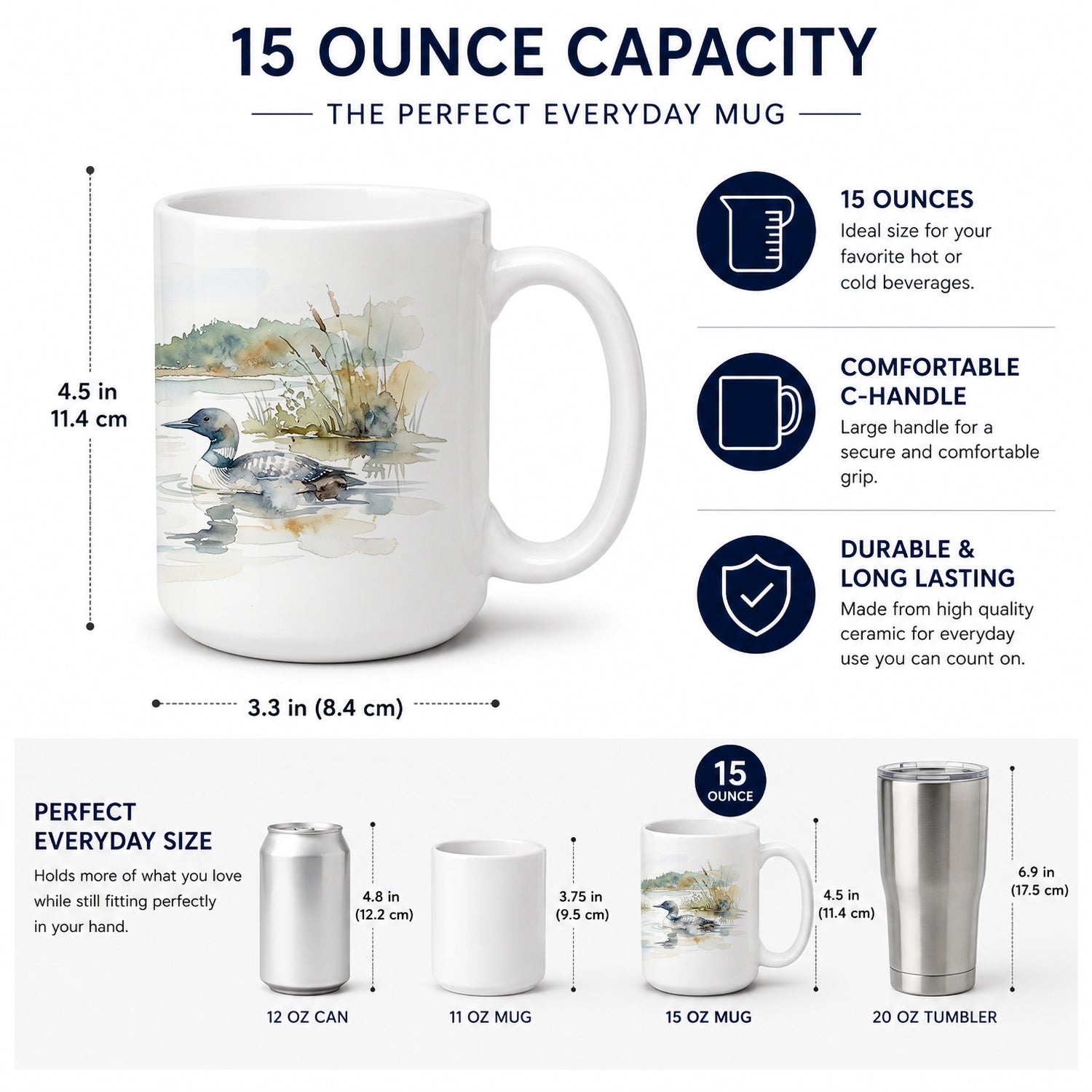Morning Loons Ceramic Coffee Mug 15 oz Decorative Large C Handle Mug Cup for Tea, Cocoa Hot Chocolate