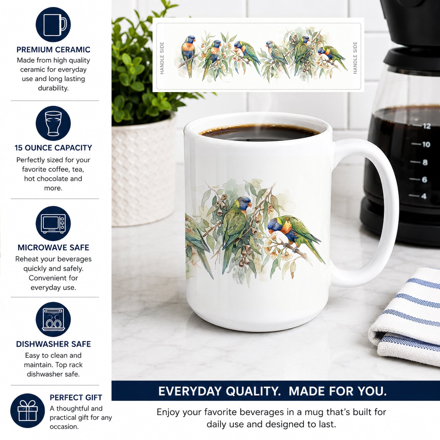 Rainbow Lorikeets Ceramic Coffee Mug 15 oz Decorative Large C Handle Mug Cup for Tea, Cocoa Hot Chocolate
