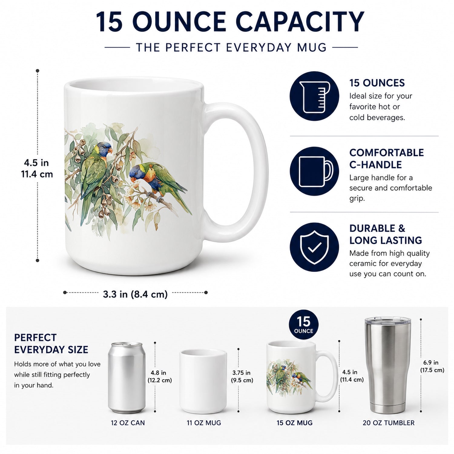 Rainbow Lorikeets Ceramic Coffee Mug 15 oz Decorative Large C Handle Mug Cup for Tea, Cocoa Hot Chocolate
