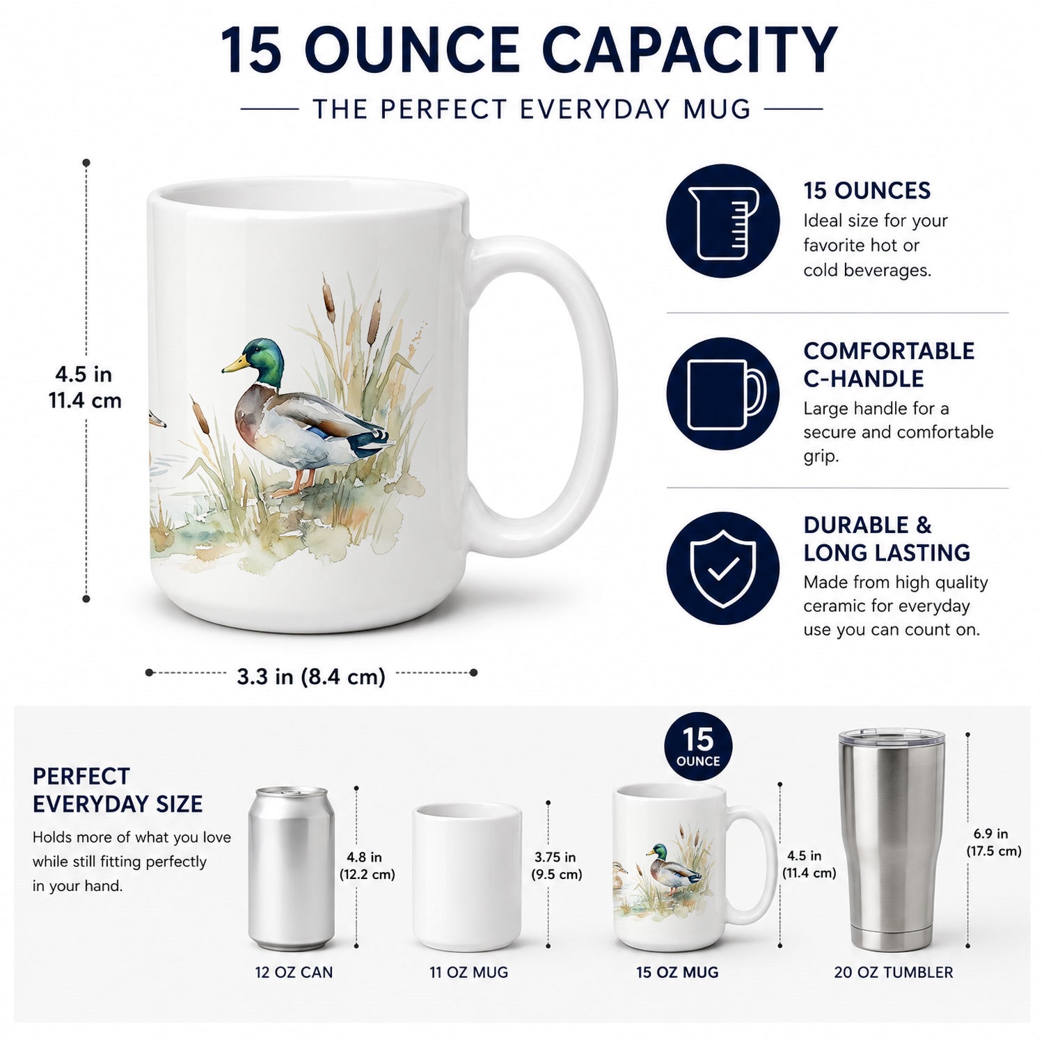 Mallards on the Water Ceramic Coffee Mug 15 oz Decorative Large C Handle Mug Cup for Tea, Cocoa Hot Chocolate