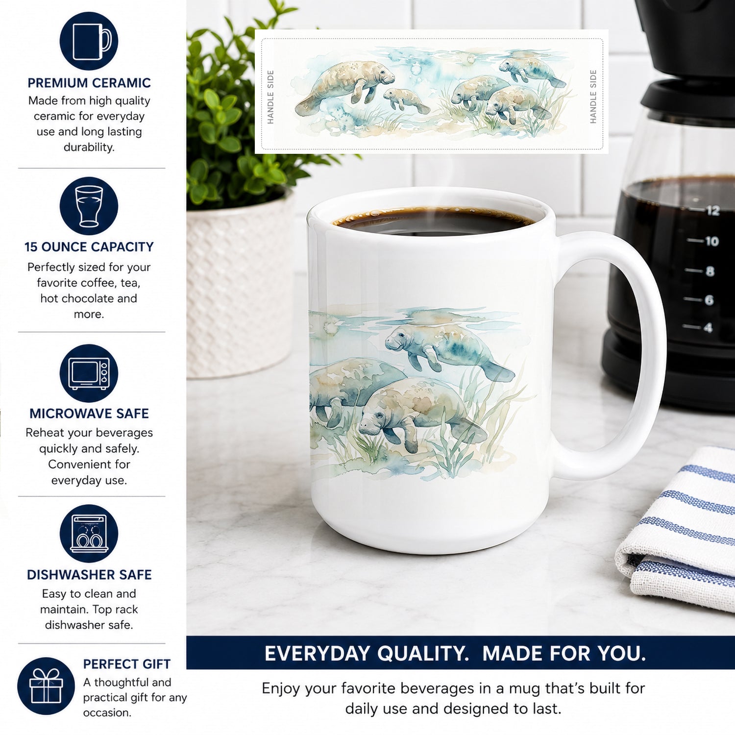 Gentle Manatees Ceramic Coffee Mug 15 oz Decorative Large C Handle Mug Cup for Tea, Cocoa Hot Chocolate