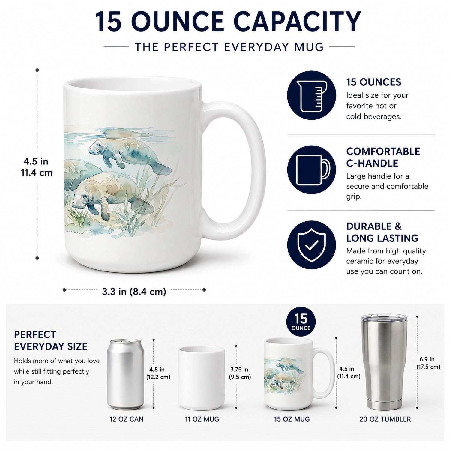 Gentle Manatees Ceramic Coffee Mug 15 oz Decorative Large C Handle Mug Cup for Tea, Cocoa Hot Chocolate