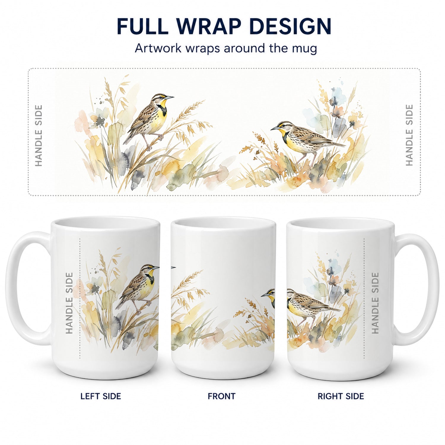Meadowlarks in the Meadow Ceramic Coffee Mug 15 oz Decorative Large C Handle Mug Cup for Tea, Cocoa Hot Chocolate