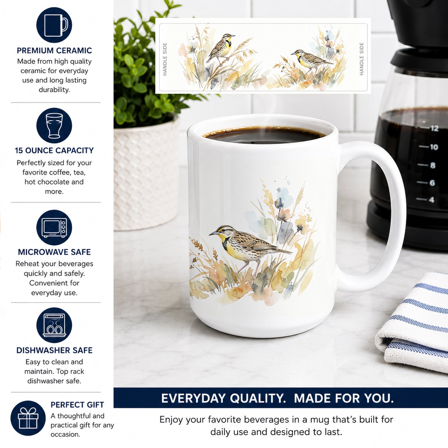 Meadowlarks in the Meadow Ceramic Coffee Mug 15 oz Decorative Large C Handle Mug Cup for Tea, Cocoa Hot Chocolate