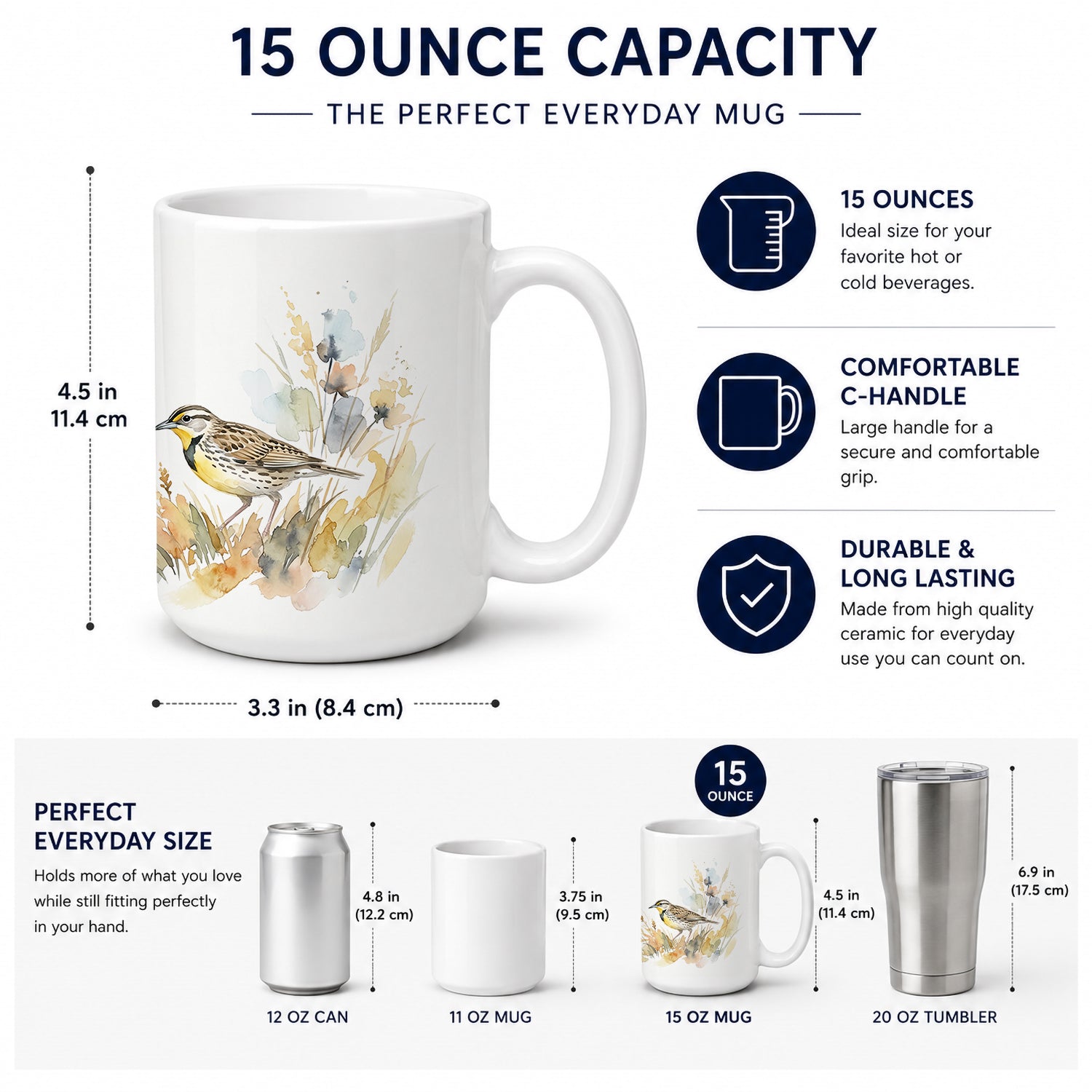 Meadowlarks in the Meadow Ceramic Coffee Mug 15 oz Decorative Large C Handle Mug Cup for Tea, Cocoa Hot Chocolate