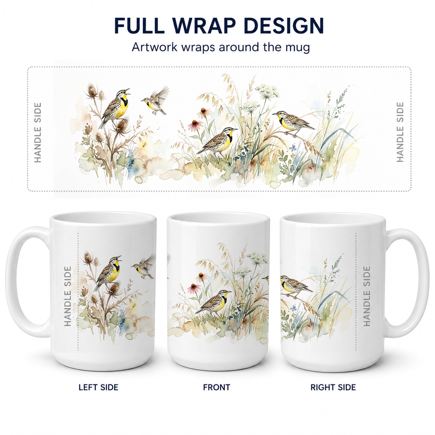 Meadowlark Songbirds Ceramic Coffee Mug 15 oz Decorative Large C Handle Mug Cup for Tea, Cocoa Hot Chocolate