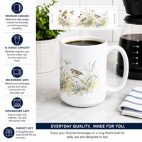 Meadowlark Songbirds Ceramic Coffee Mug 15 oz Decorative Large C Handle Mug Cup for Tea, Cocoa Hot Chocolate