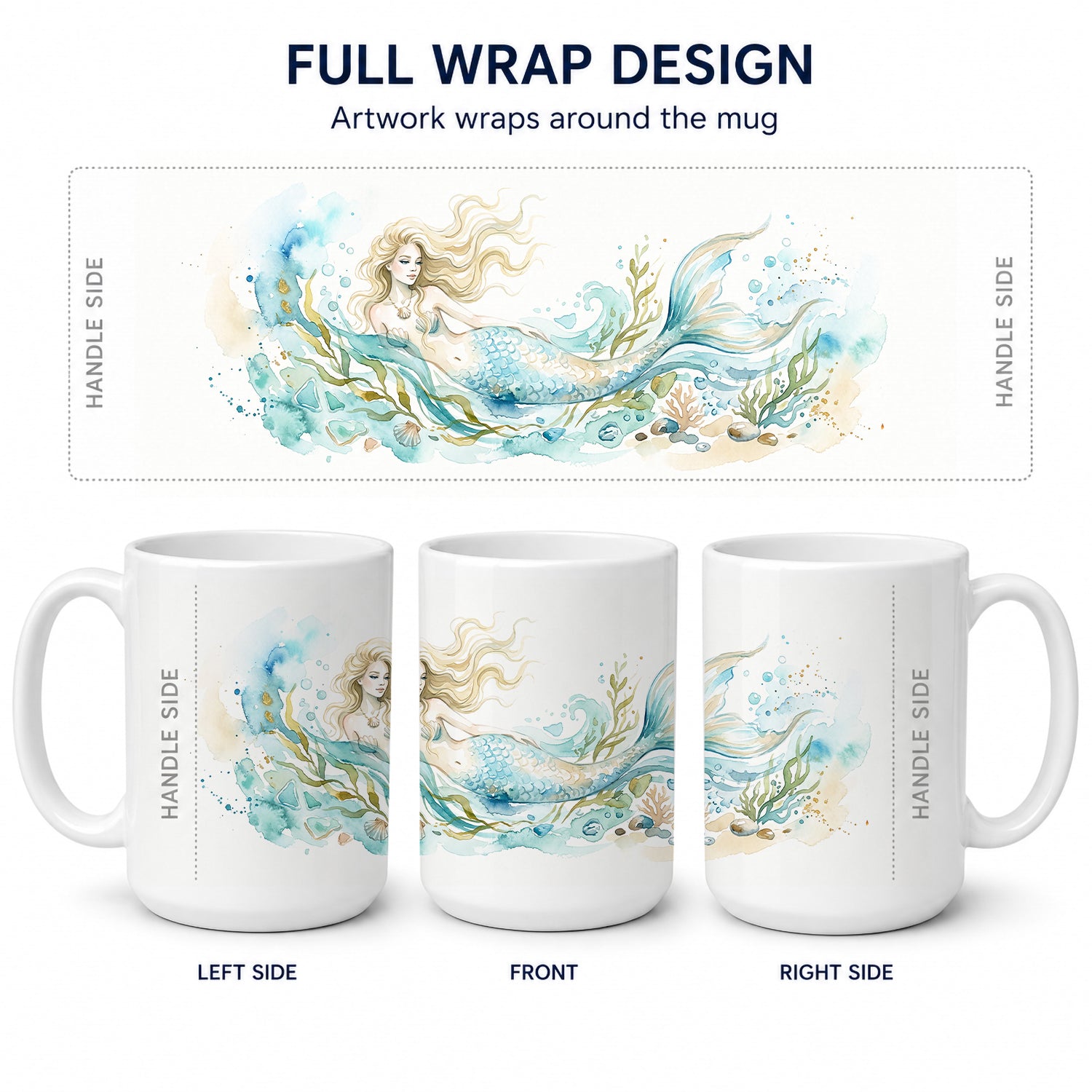 Golden Mermaid Ceramic Coffee Mug 15 oz Decorative Large C Handle Mug Cup for Tea, Cocoa Hot Chocolate