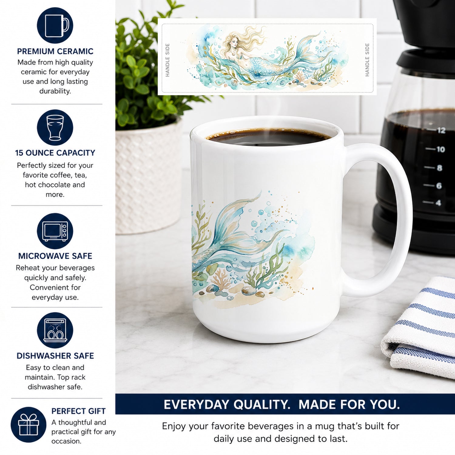 Golden Mermaid Ceramic Coffee Mug 15 oz Decorative Large C Handle Mug Cup for Tea, Cocoa Hot Chocolate
