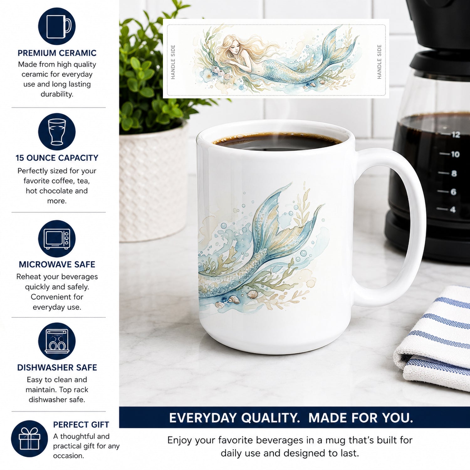 Mermaid of the Seafoam Ceramic Coffee Mug 15 oz Decorative Large C Handle Mug Cup for Tea, Cocoa Hot Chocolate