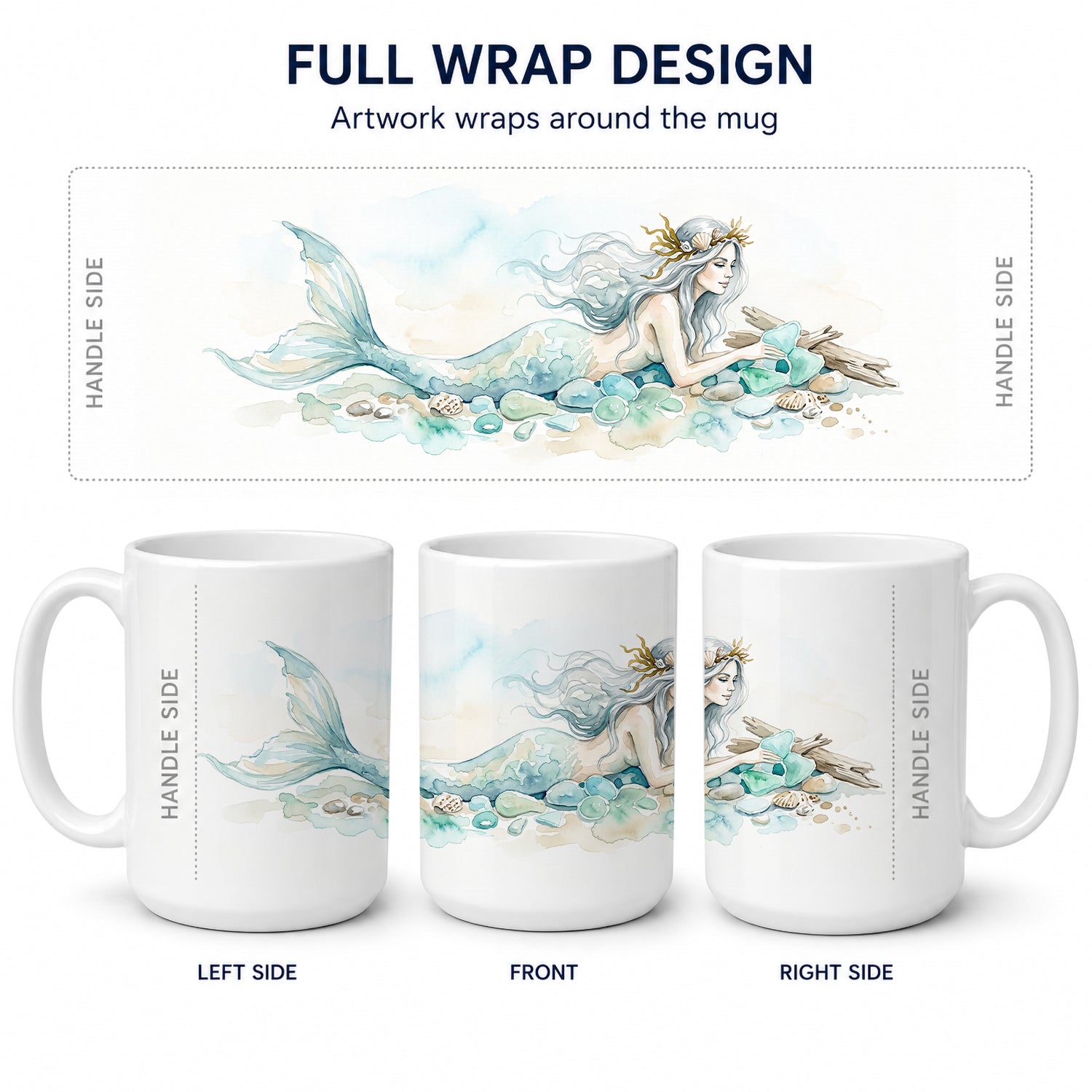 Silver Sea Mermaid Ceramic Coffee Mug 15 oz Decorative Large C Handle Mug Cup for Tea, Cocoa Hot Chocolate