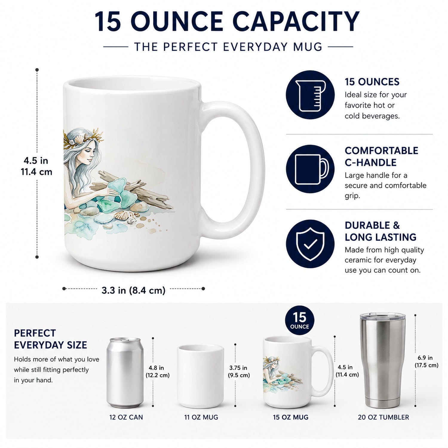 Silver Sea Mermaid Ceramic Coffee Mug 15 oz Decorative Large C Handle Mug Cup for Tea, Cocoa Hot Chocolate