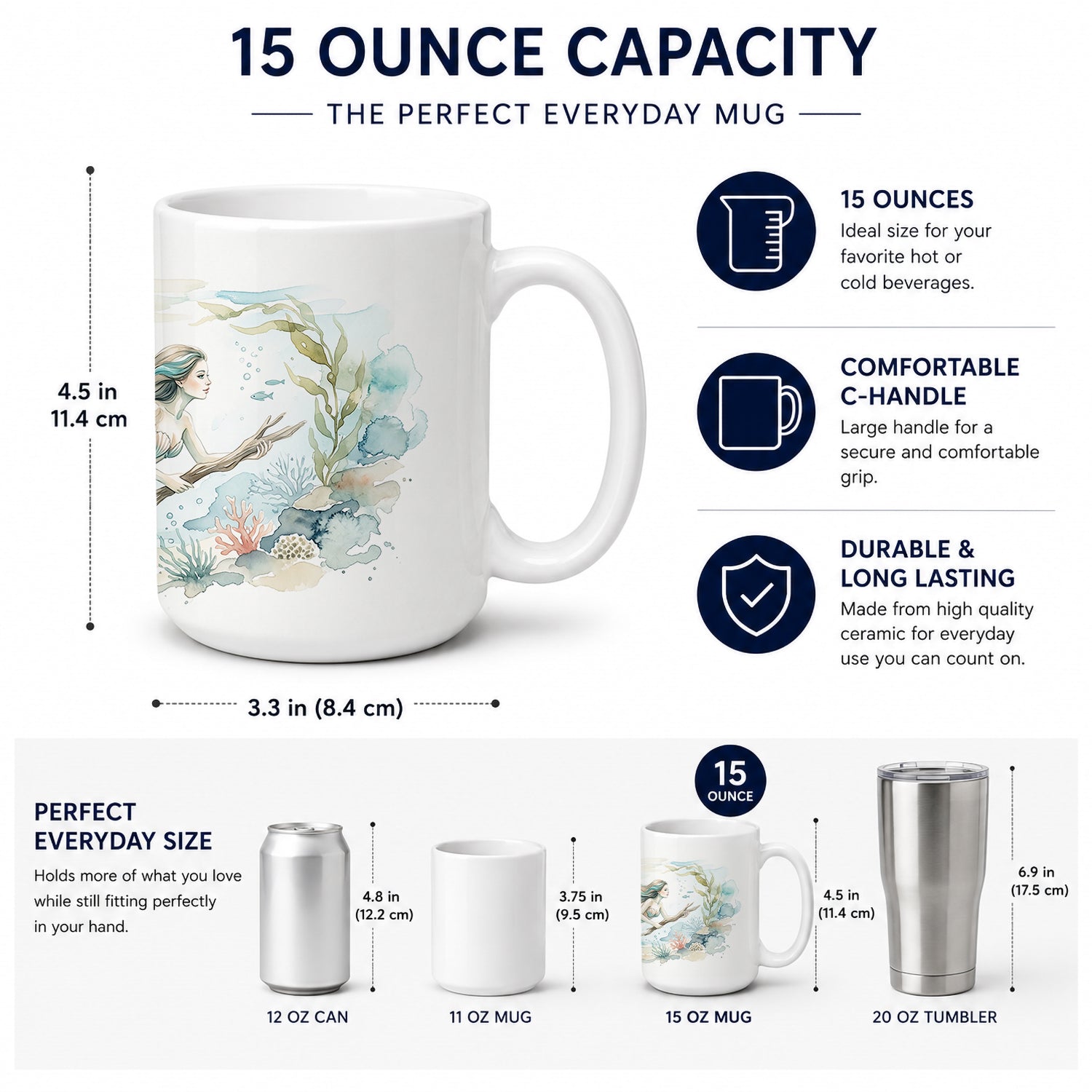 Ocean Mermaid Ceramic Coffee Mug 15 oz Decorative Large C Handle Mug Cup for Tea, Cocoa Hot Chocolate