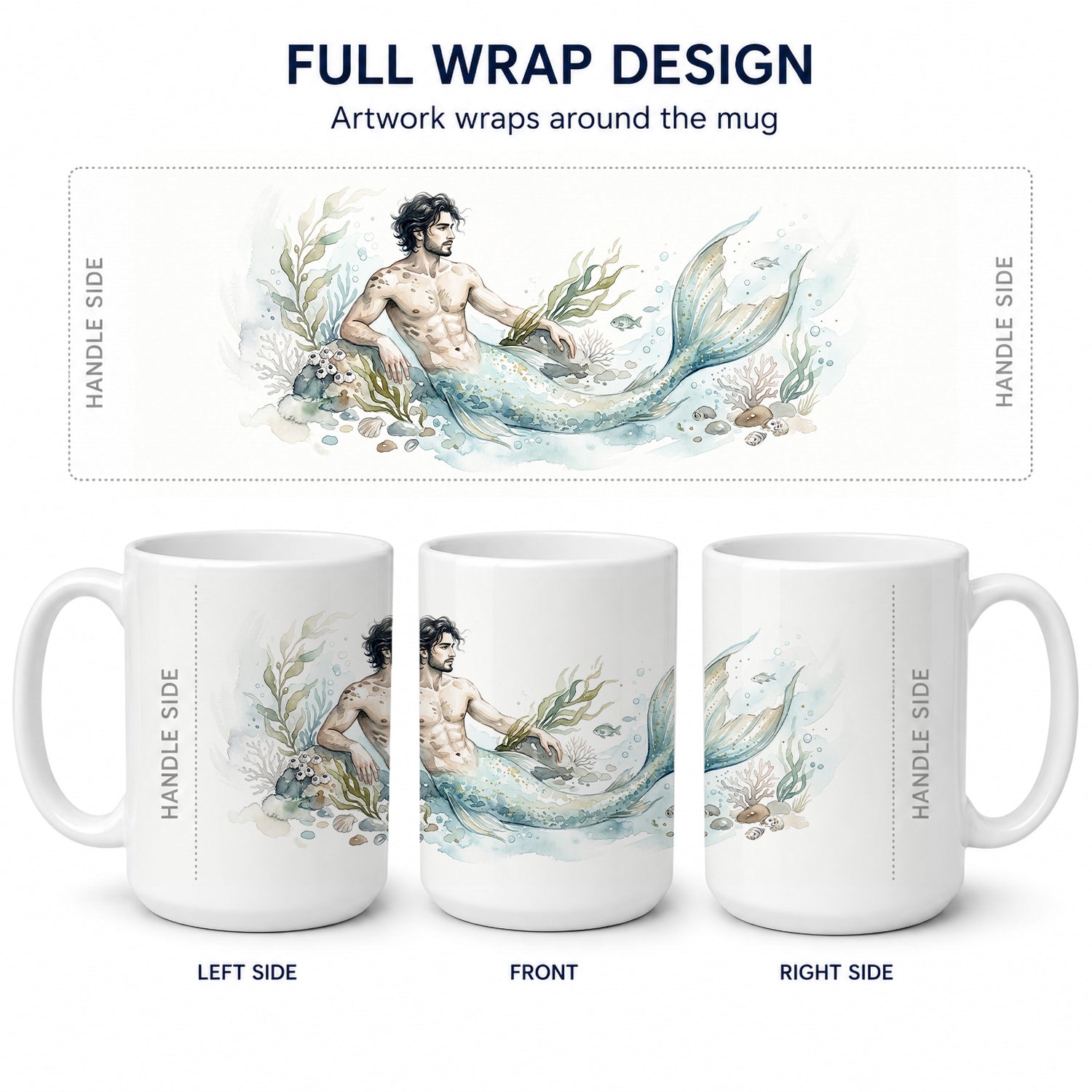 Ocean Guardian Merman Ceramic Coffee Mug 15 oz Decorative Large C Handle Mug Cup for Tea, Cocoa Hot Chocolate