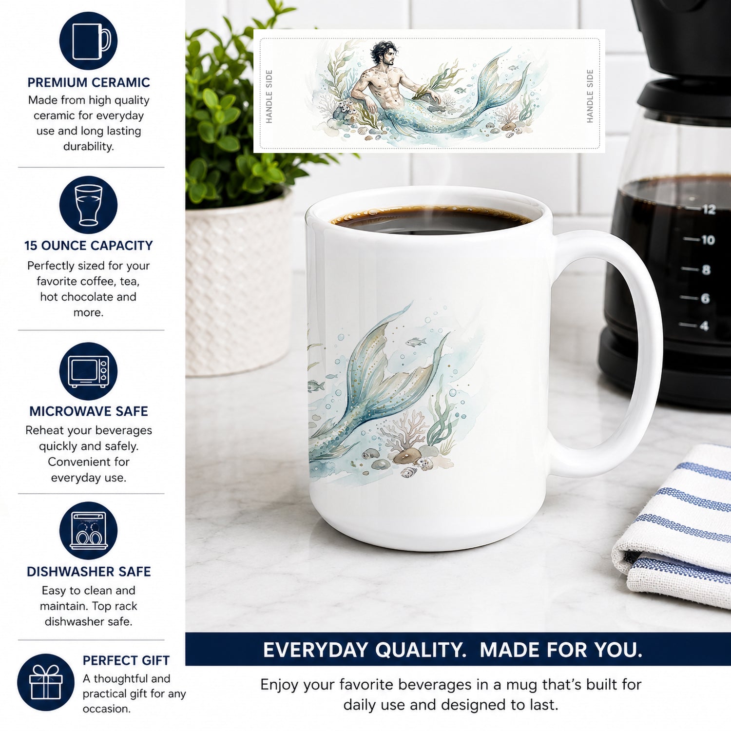 Ocean Guardian Merman Ceramic Coffee Mug 15 oz Decorative Large C Handle Mug Cup for Tea, Cocoa Hot Chocolate