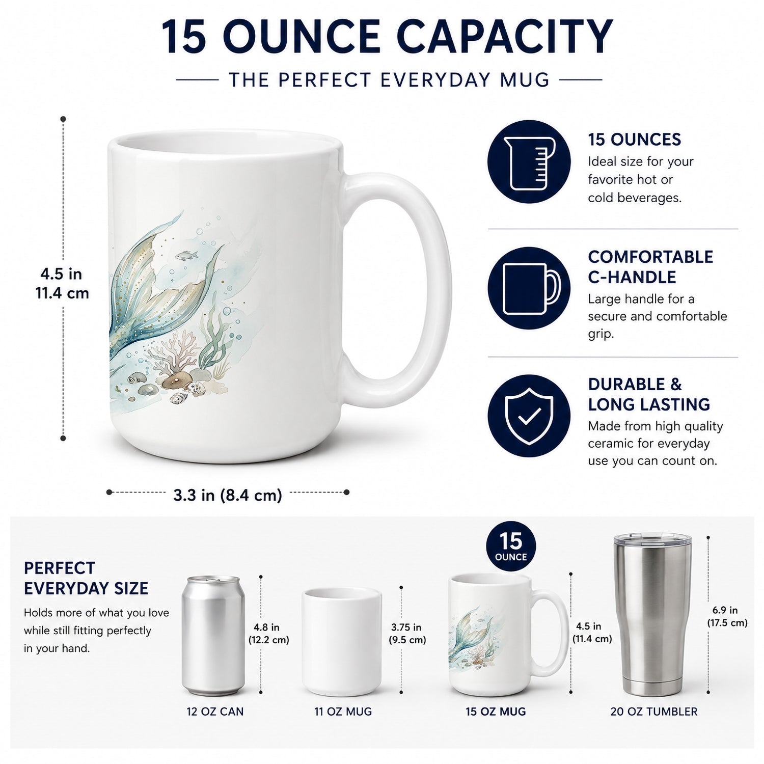 Ocean Guardian Merman Ceramic Coffee Mug 15 oz Decorative Large C Handle Mug Cup for Tea, Cocoa Hot Chocolate