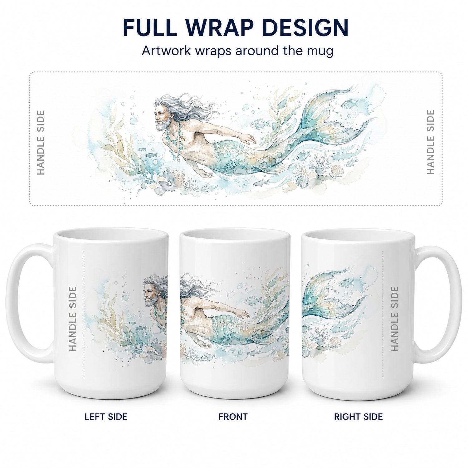 Silver Tide Merman Ceramic Coffee Mug 15 oz Decorative Large C Handle Mug Cup for Tea, Cocoa Hot Chocolate