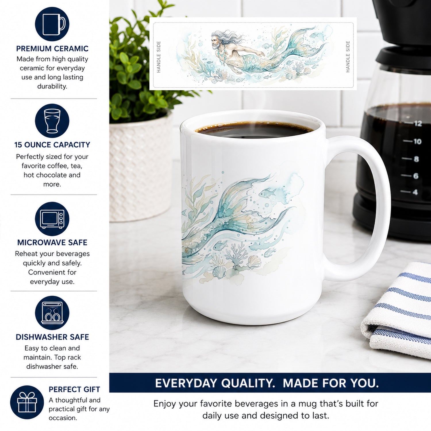 Silver Tide Merman Ceramic Coffee Mug 15 oz Decorative Large C Handle Mug Cup for Tea, Cocoa Hot Chocolate