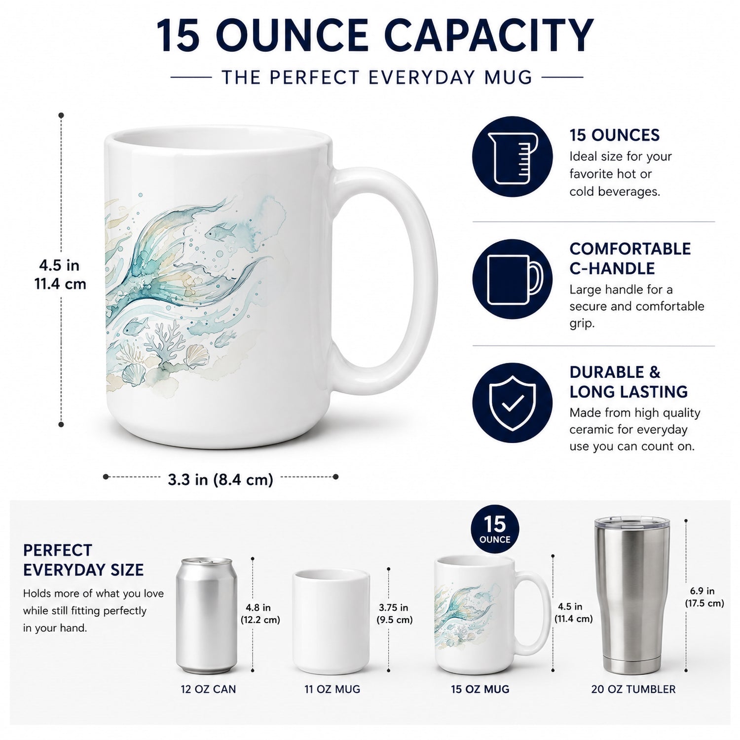 Silver Tide Merman Ceramic Coffee Mug 15 oz Decorative Large C Handle Mug Cup for Tea, Cocoa Hot Chocolate