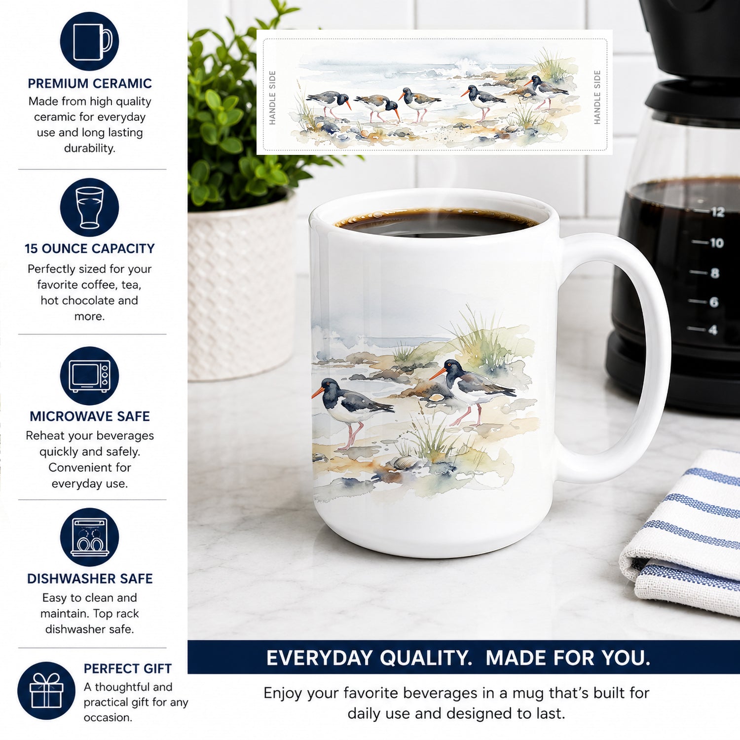 Coastal Oystercatchers Ceramic Coffee Mug 15 oz Decorative Large C Handle Mug Cup for Tea, Cocoa Hot Chocolate