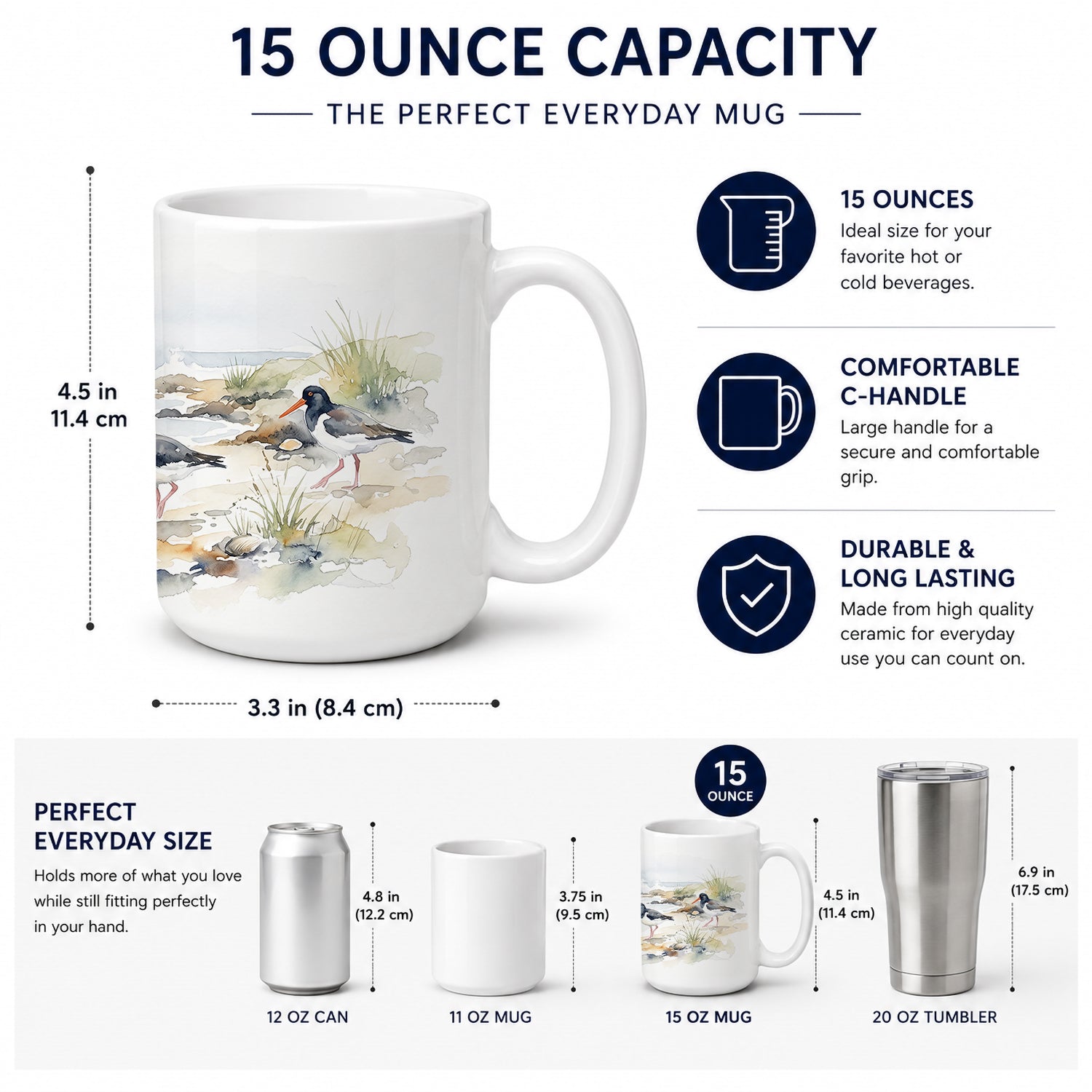 Coastal Oystercatchers Ceramic Coffee Mug 15 oz Decorative Large C Handle Mug Cup for Tea, Cocoa Hot Chocolate