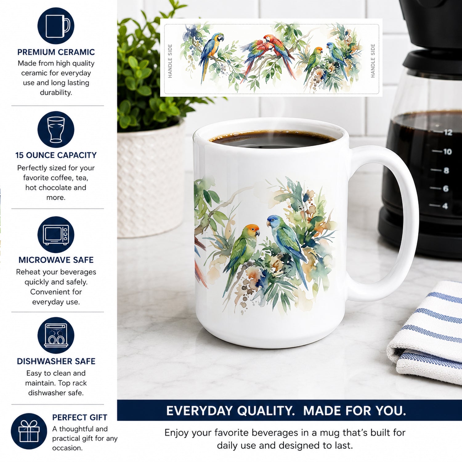 Tropical Parrots Ceramic Coffee Mug 15 oz Decorative Large C Handle Mug Cup for Tea, Cocoa Hot Chocolate