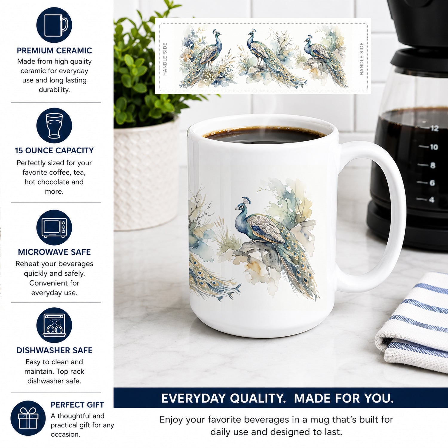 Majestic Peacocks Ceramic Coffee Mug 15 oz Decorative Large C Handle Mug Cup for Tea, Cocoa Hot Chocolate