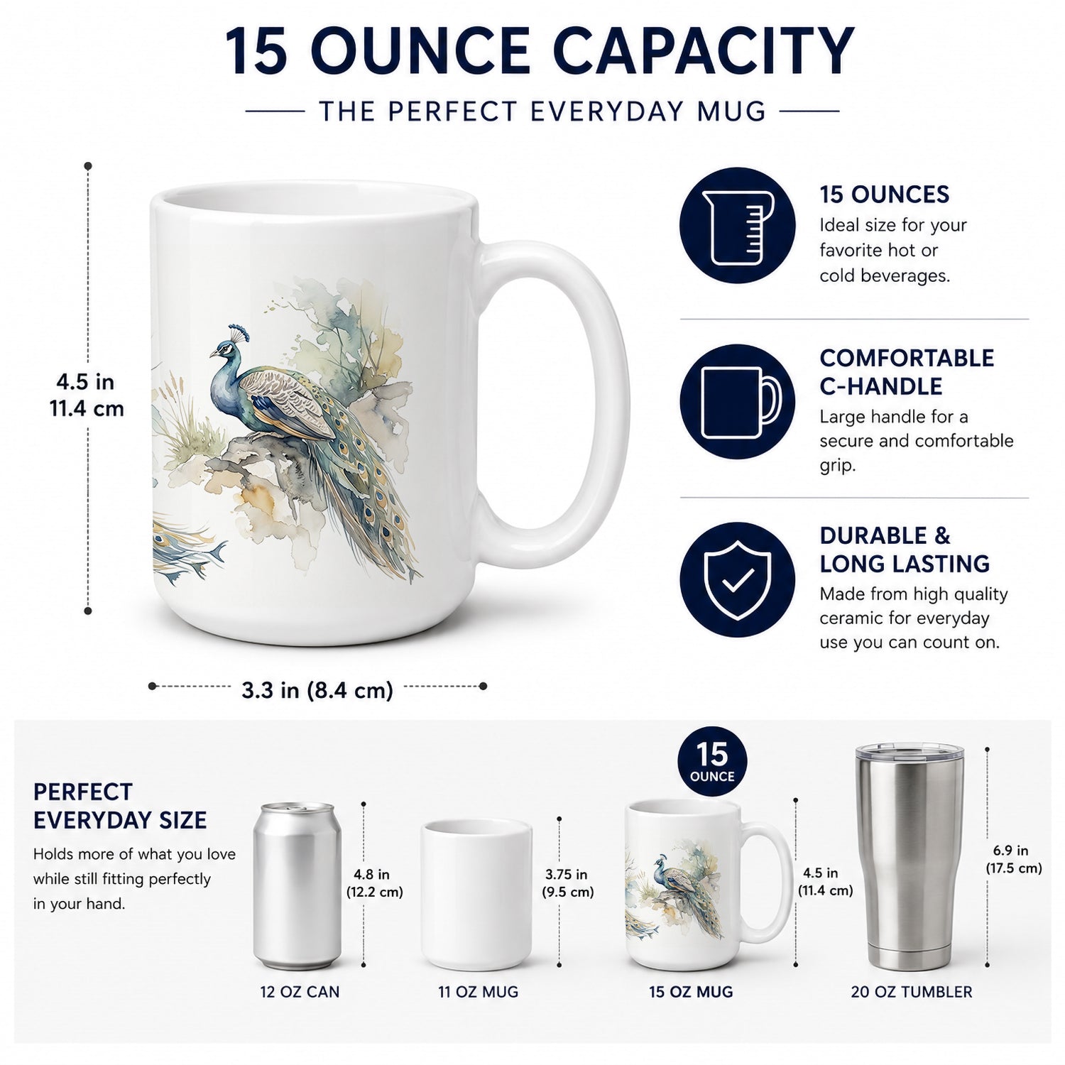 Majestic Peacocks Ceramic Coffee Mug 15 oz Decorative Large C Handle Mug Cup for Tea, Cocoa Hot Chocolate