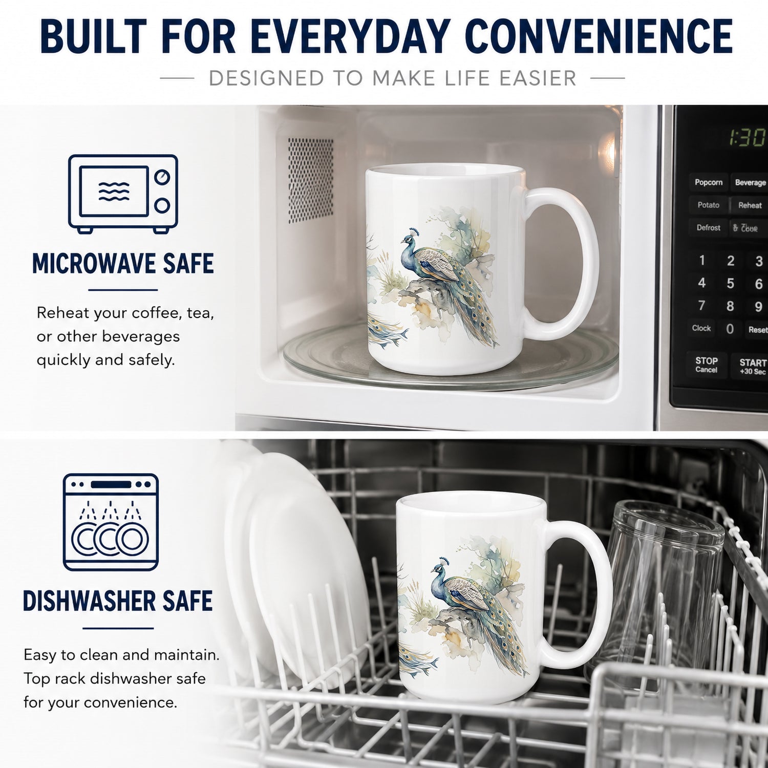 Majestic Peacocks Ceramic Coffee Mug 15 oz Decorative Large C Handle Mug Cup for Tea, Cocoa Hot Chocolate
