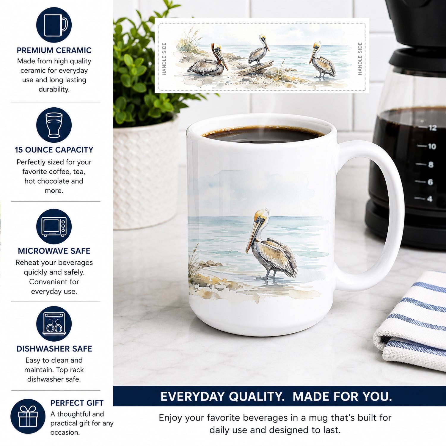 Pelicans by the Shore Ceramic Coffee Mug 15 oz Decorative Large C Handle Mug Cup for Tea, Cocoa Hot Chocolate