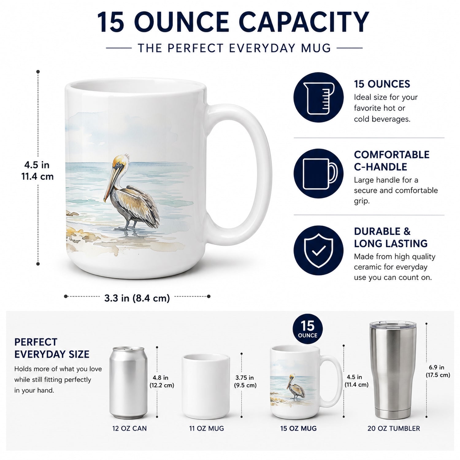 Pelicans by the Shore Ceramic Coffee Mug 15 oz Decorative Large C Handle Mug Cup for Tea, Cocoa Hot Chocolate