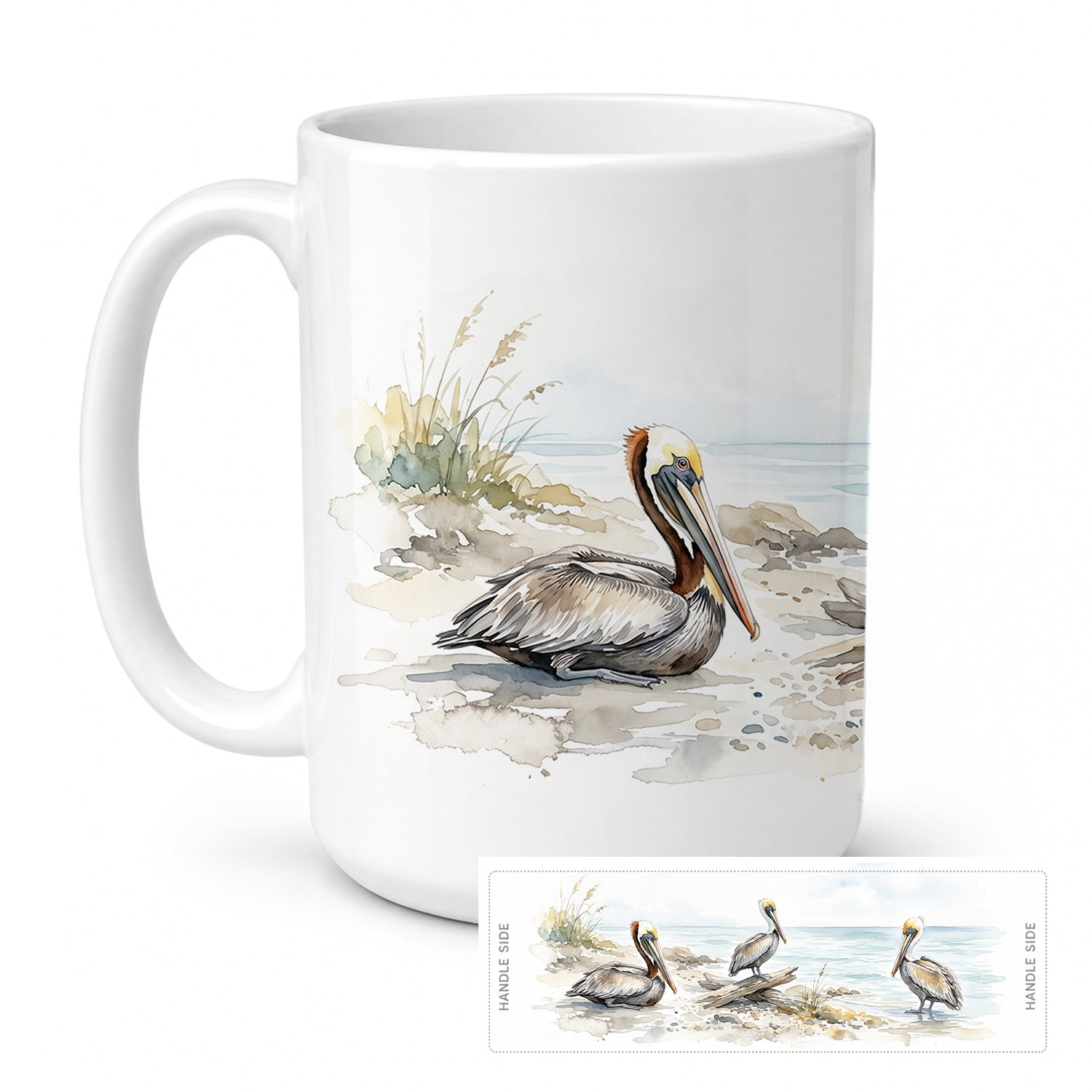 Pelicans by the Shore Ceramic Coffee Mug 15 oz Decorative Large C Handle Mug Cup for Tea, Cocoa Hot Chocolate