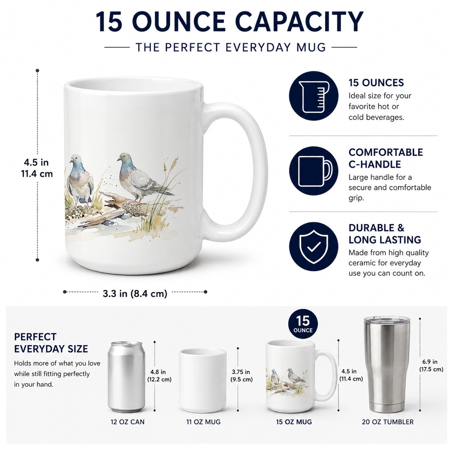 City Pigeons Ceramic Coffee Mug 15 oz Decorative Large C Handle Mug Cup for Tea, Cocoa Hot Chocolate