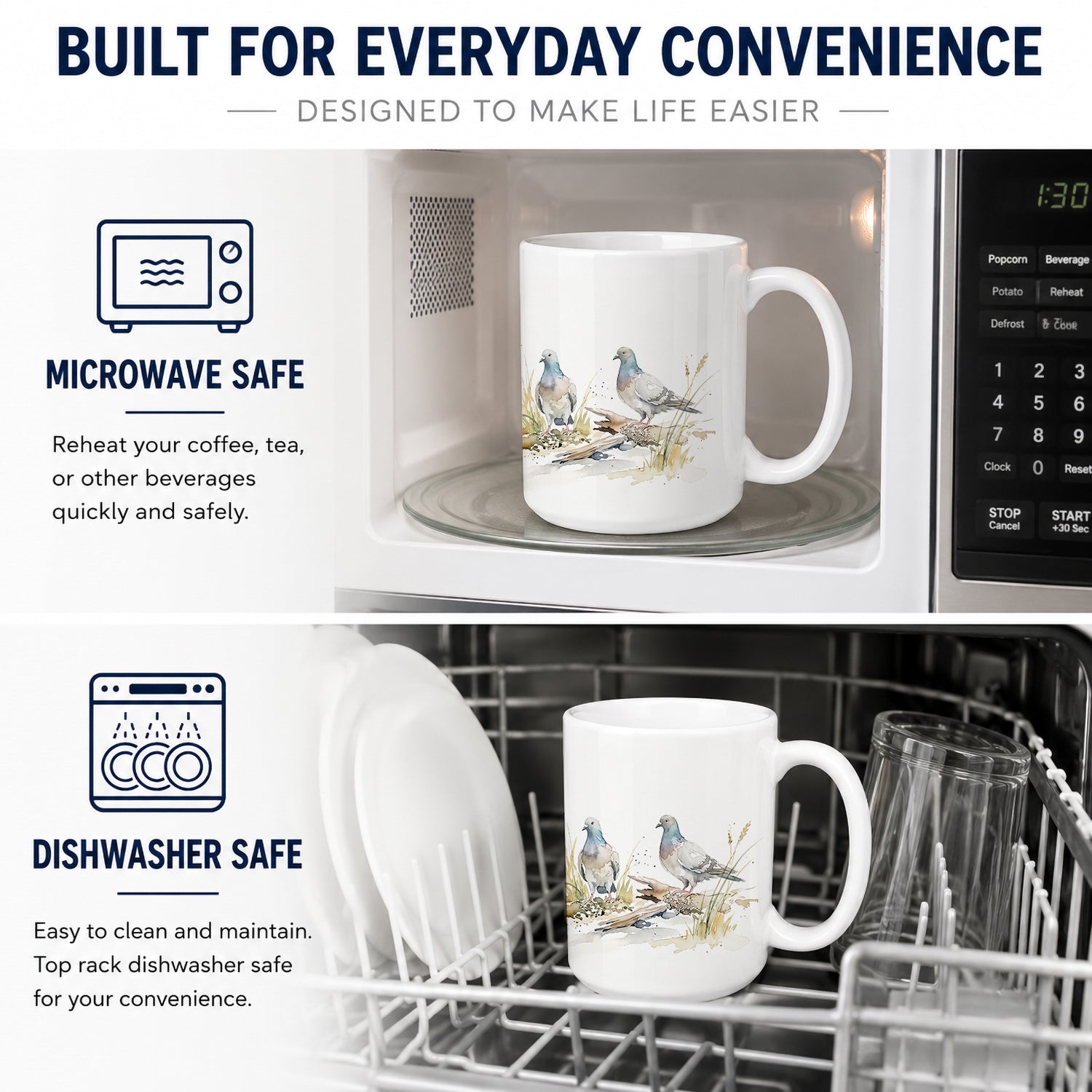 City Pigeons Ceramic Coffee Mug 15 oz Decorative Large C Handle Mug Cup for Tea, Cocoa Hot Chocolate