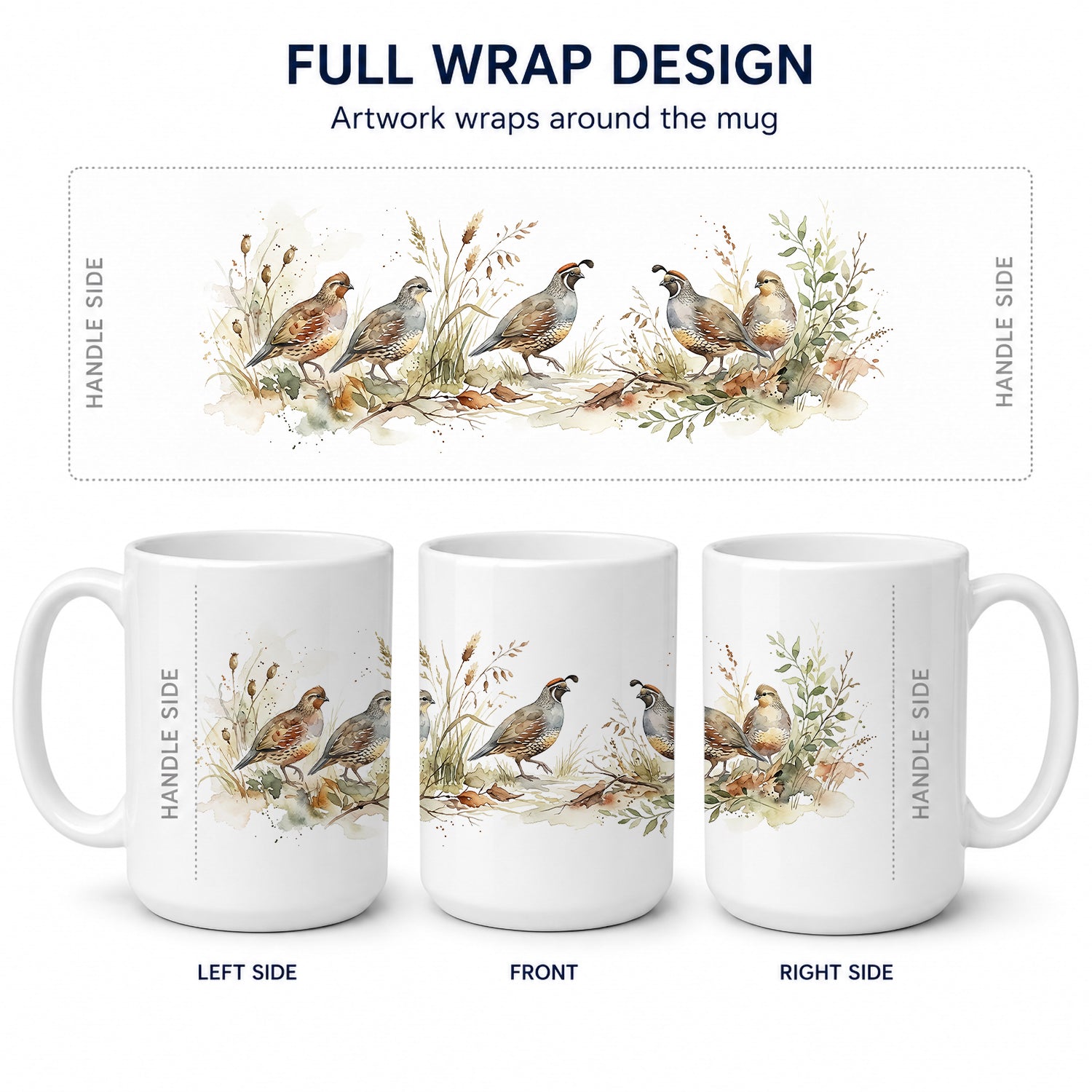 Meadow Quail Ceramic Coffee Mug 15 oz Decorative Large C Handle Mug Cup for Tea, Cocoa Hot Chocolate
