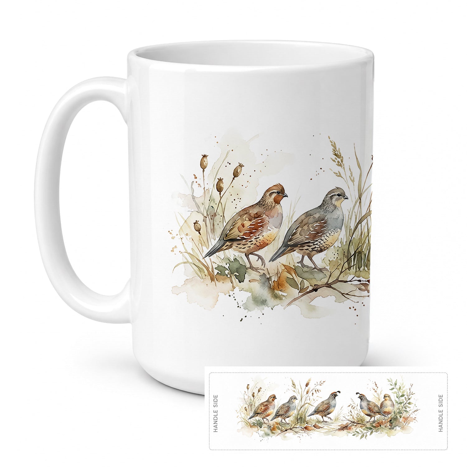 Meadow Quail Ceramic Coffee Mug 15 oz Decorative Large C Handle Mug Cup for Tea, Cocoa Hot Chocolate