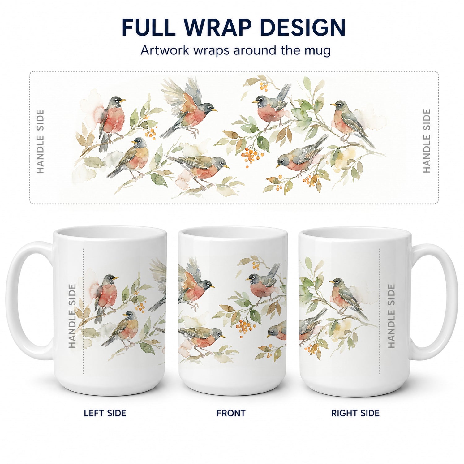 Garden Robins Ceramic Coffee Mug 15 oz Decorative Large C Handle Mug Cup for Tea, Cocoa Hot Chocolate