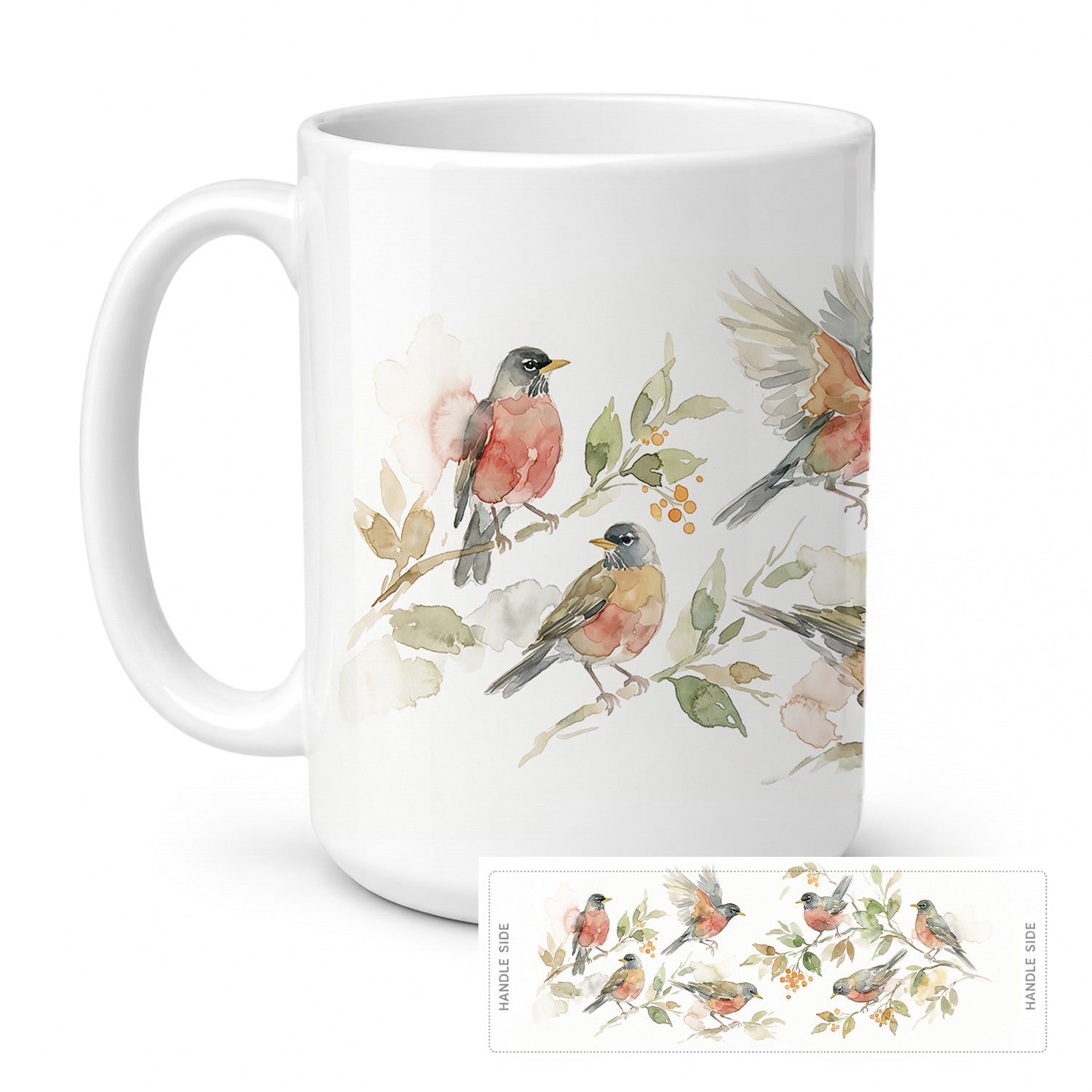 Garden Robins Ceramic Coffee Mug 15 oz Decorative Large C Handle Mug Cup for Tea, Cocoa Hot Chocolate