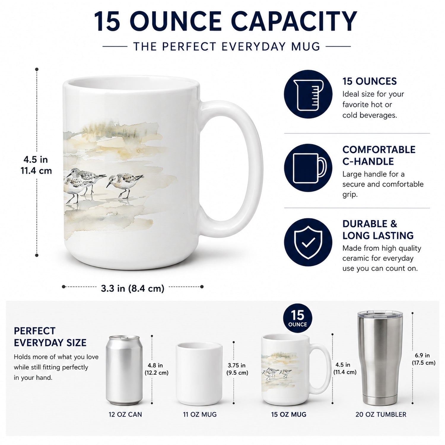 Shoreline Sanderlings Ceramic Coffee Mug 15 oz Decorative Large C Handle Mug Cup for Tea, Cocoa Hot Chocolate