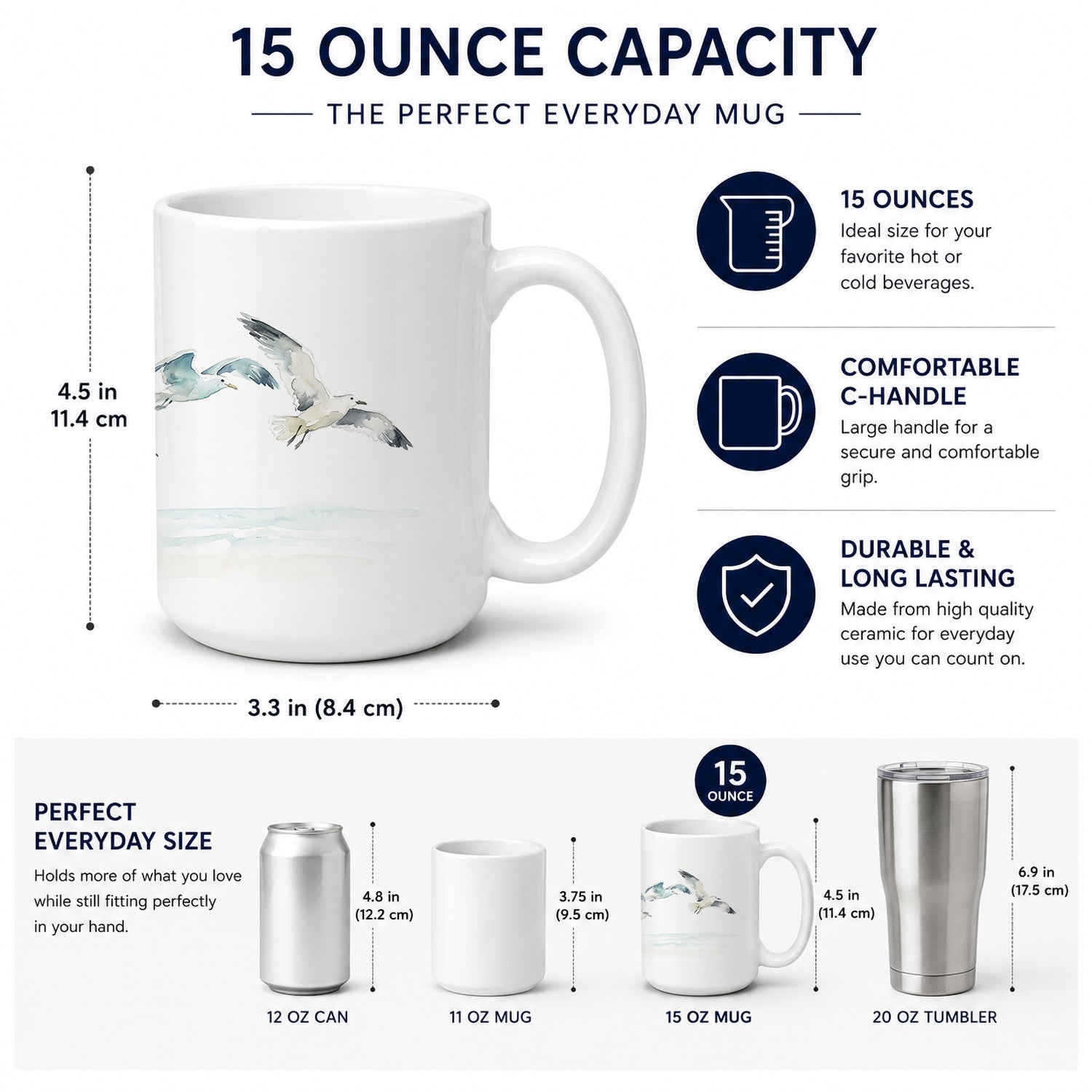 Coastal Seagulls Ceramic Coffee Mug 15 oz Decorative Large C Handle Mug Cup for Tea, Cocoa Hot Chocolate