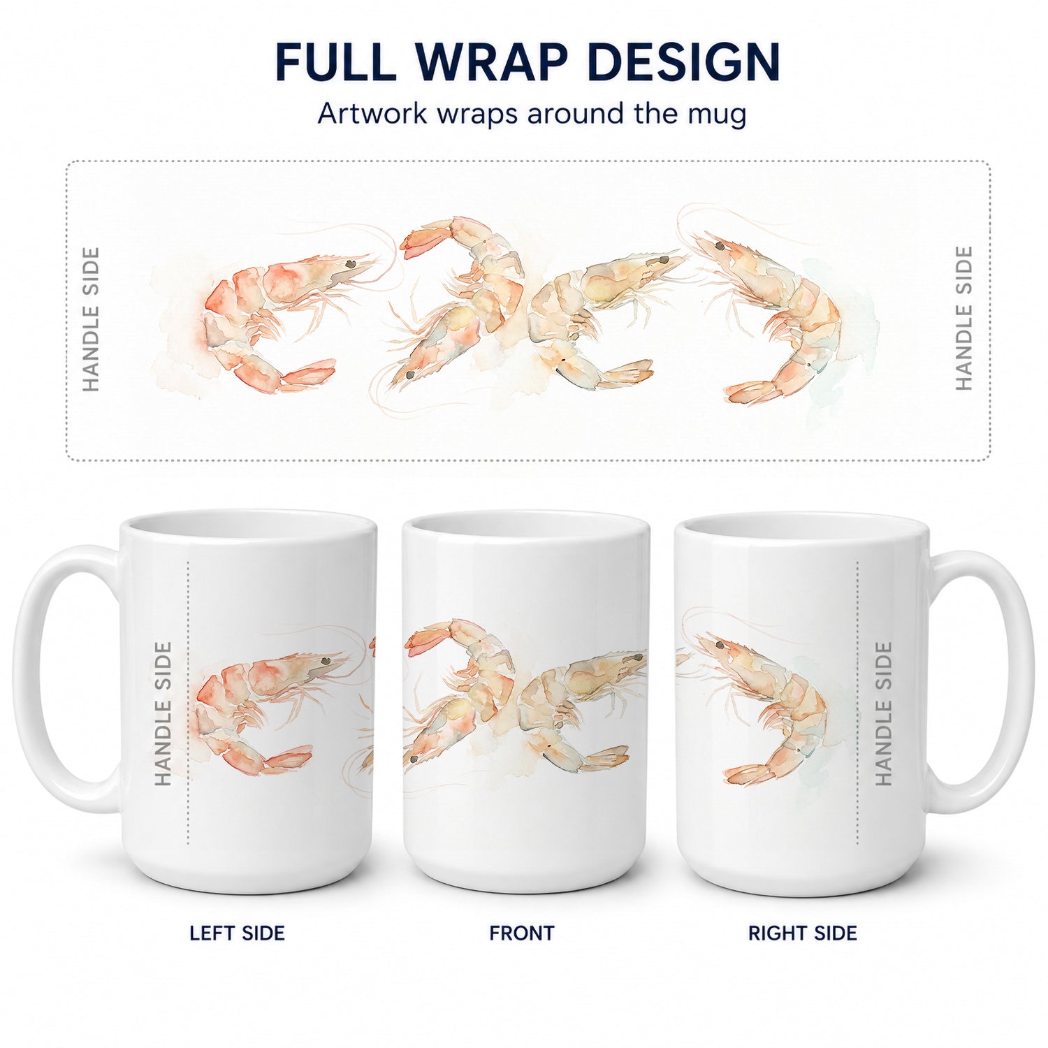 Coastal Pink Shrimp Ceramic Coffee Mug 15 oz Decorative Large C Handle Mug Cup for Tea, Cocoa Hot Chocolate