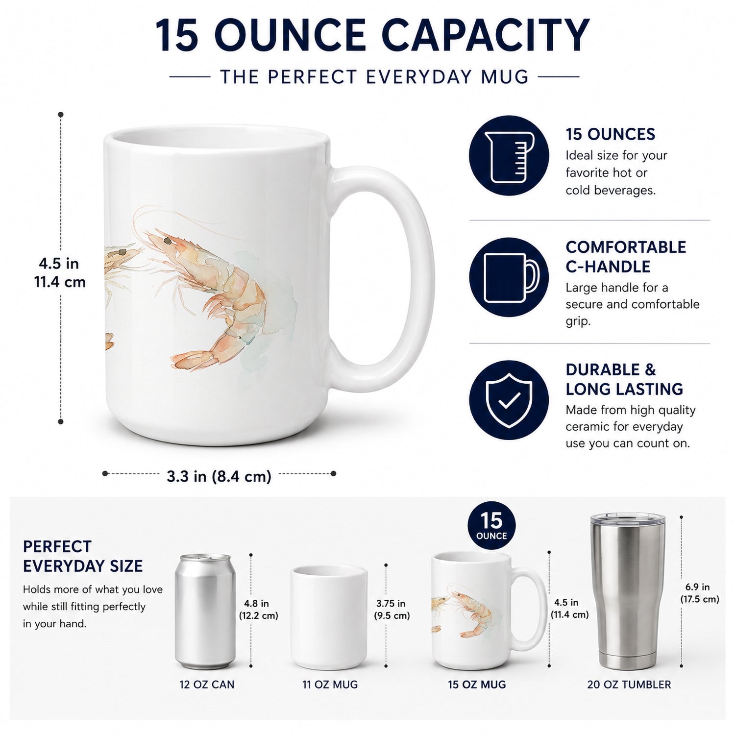 Coastal Pink Shrimp Ceramic Coffee Mug 15 oz Decorative Large C Handle Mug Cup for Tea, Cocoa Hot Chocolate