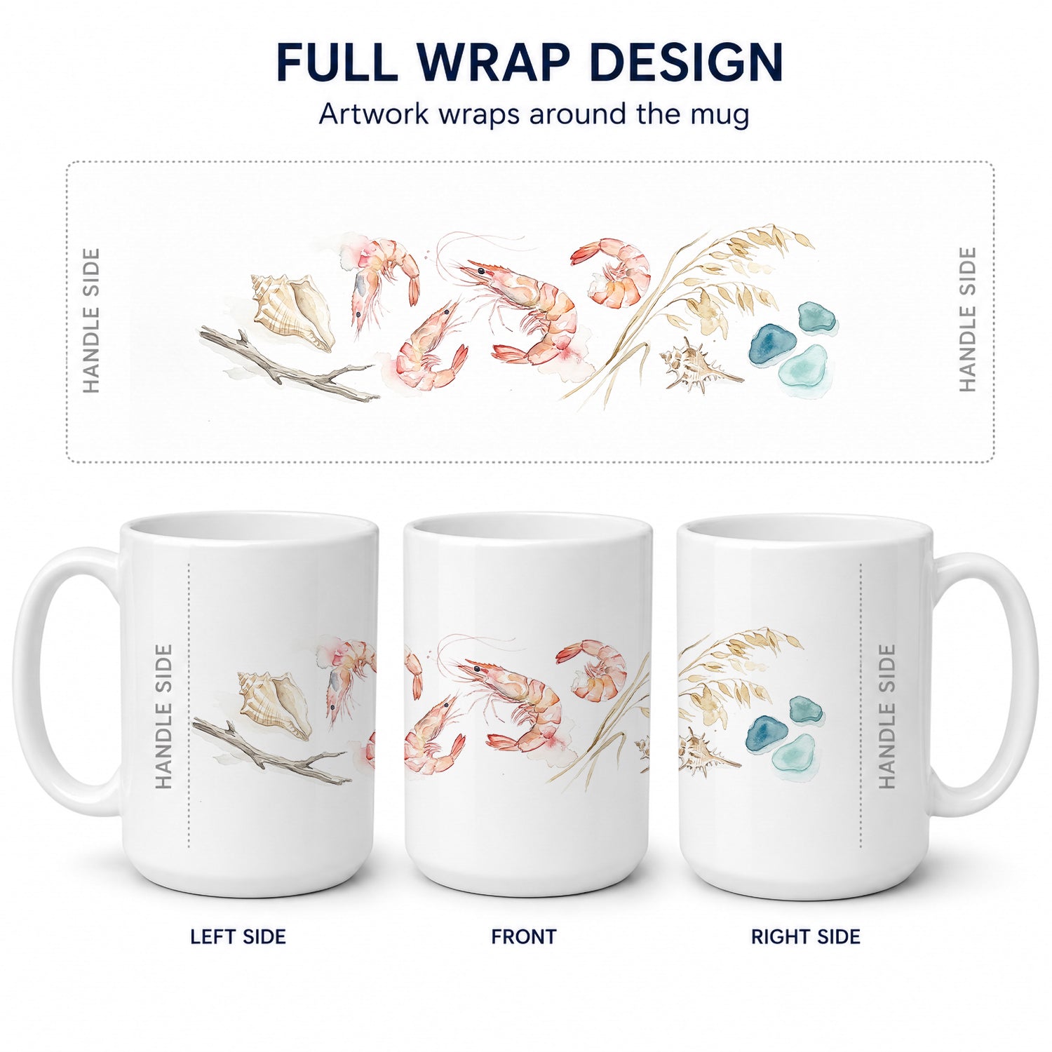 Shrimp and Shells Ceramic Coffee Mug 15 oz Decorative Large C Handle Mug Cup for Tea, Cocoa Hot Chocolate