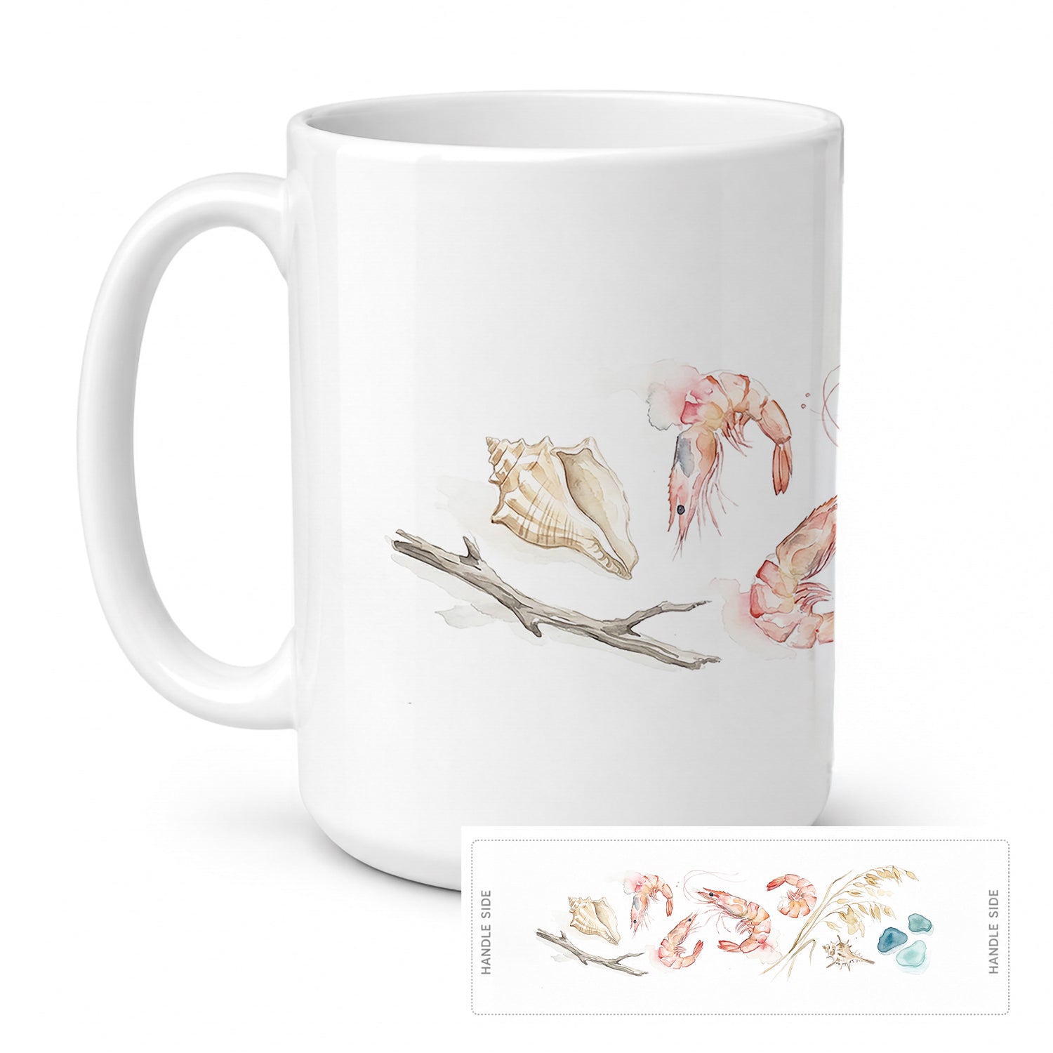 Shrimp and Shells Ceramic Coffee Mug 15 oz Decorative Large C Handle Mug Cup for Tea, Cocoa Hot Chocolate