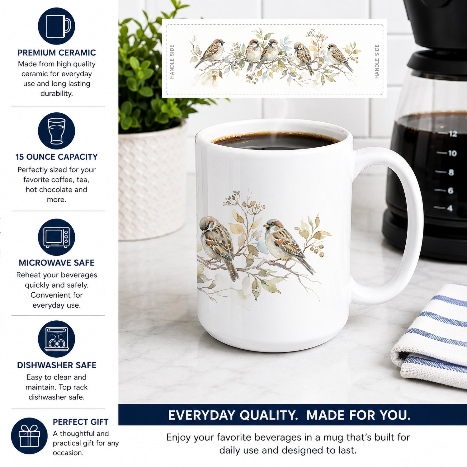 Songbird Sparrows Ceramic Coffee Mug 15 oz Decorative Large C Handle Mug Cup for Tea, Cocoa Hot Chocolate
