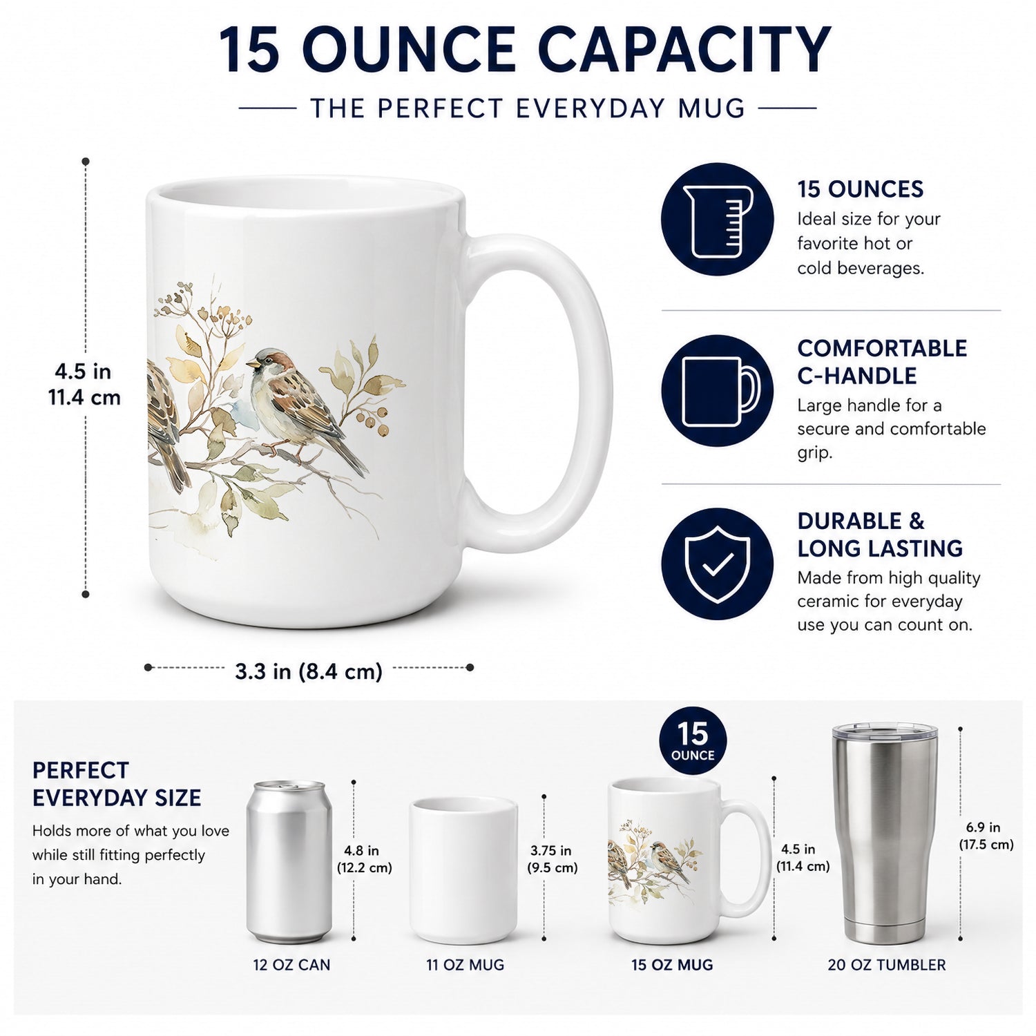 Songbird Sparrows Ceramic Coffee Mug 15 oz Decorative Large C Handle Mug Cup for Tea, Cocoa Hot Chocolate