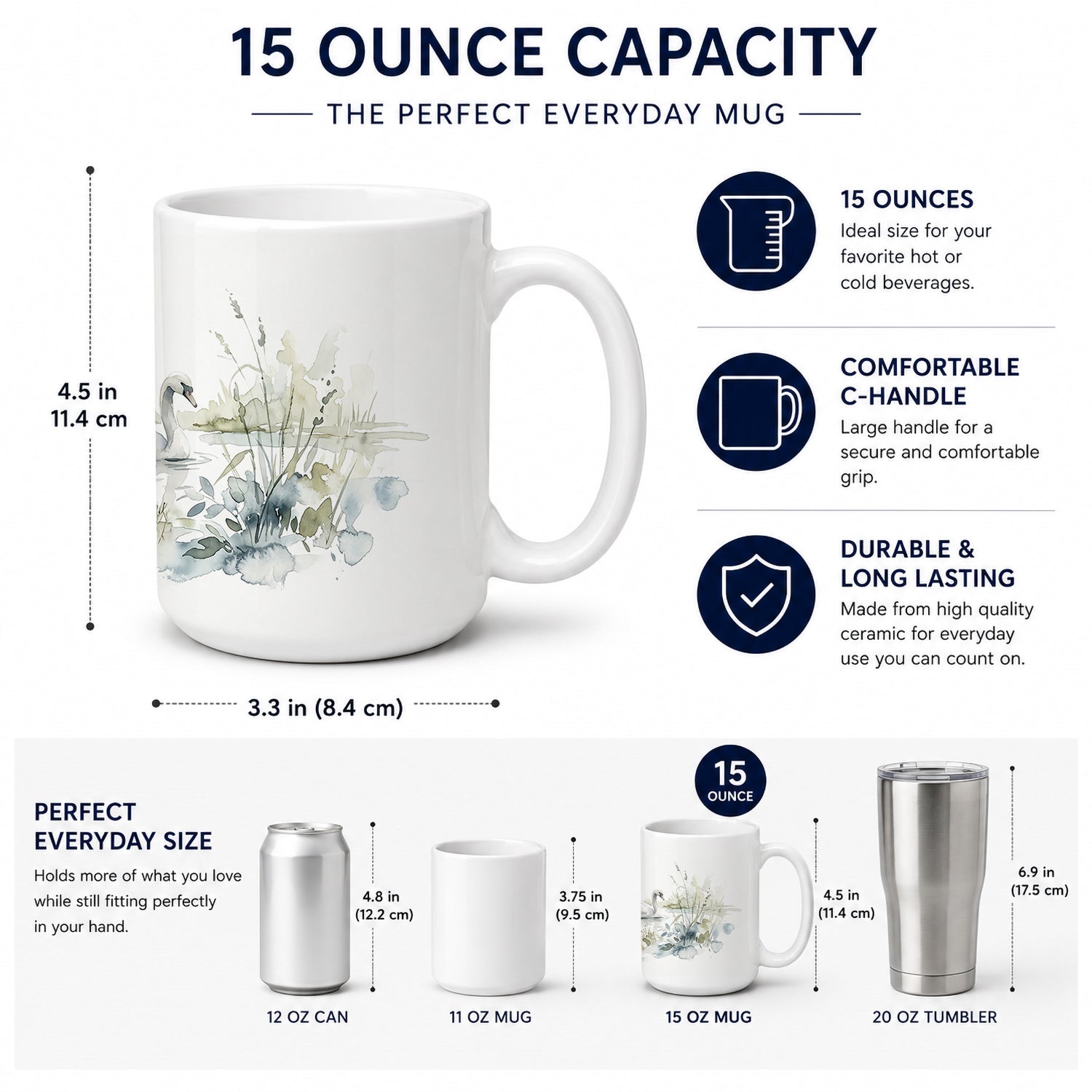 Graceful Swans Ceramic Coffee Mug 15 oz Decorative Large C Handle Mug Cup for Tea, Cocoa Hot Chocolate