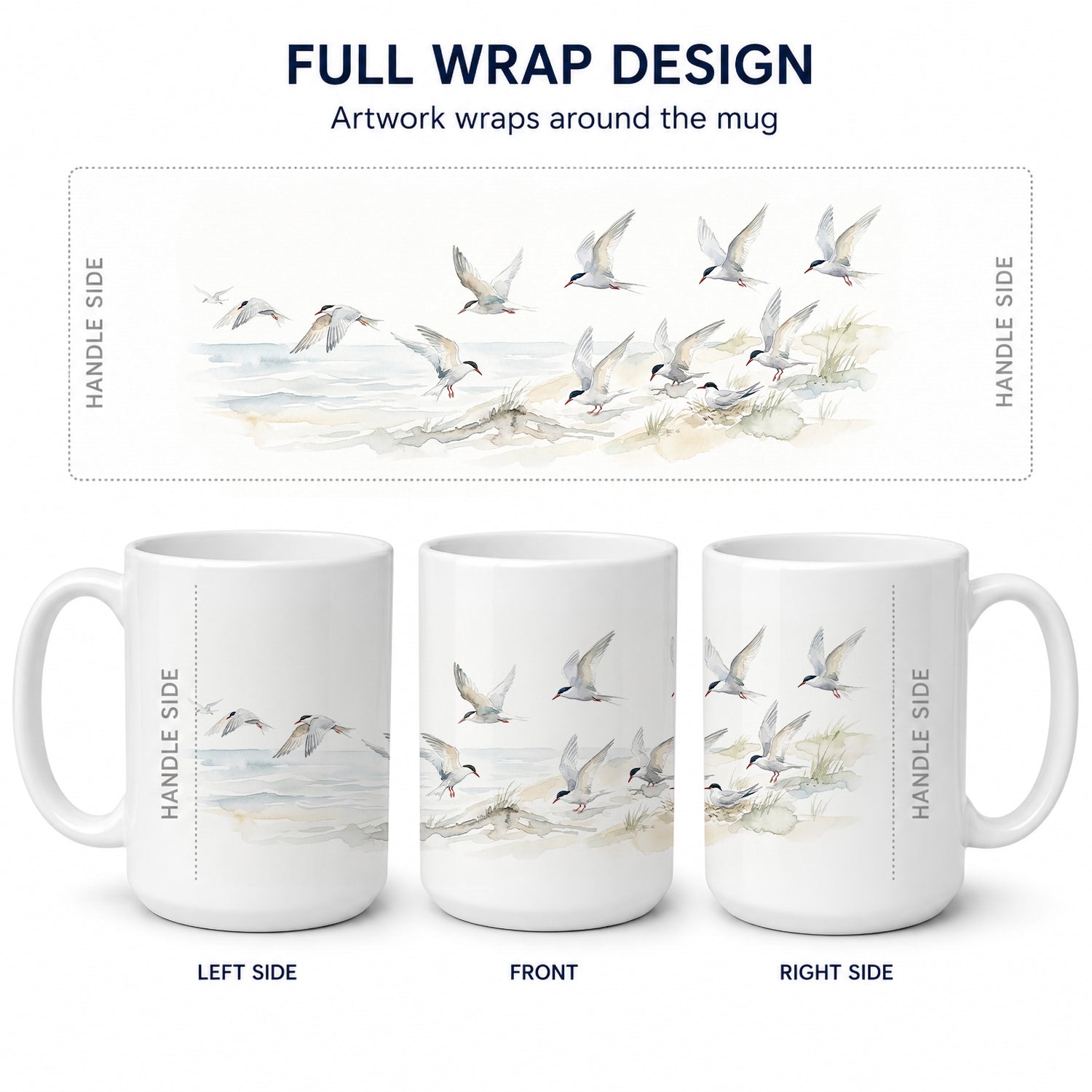 Terns Over the Water Ceramic Coffee Mug 15 oz Decorative Large C Handle Mug Cup for Tea, Cocoa Hot Chocolate