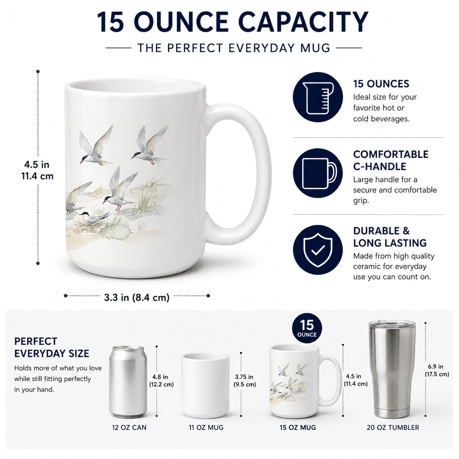 Terns Over the Water Ceramic Coffee Mug 15 oz Decorative Large C Handle Mug Cup for Tea, Cocoa Hot Chocolate